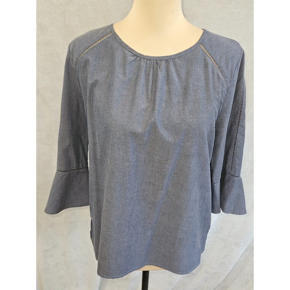 Abercrombie & Fitch Blue Peasant Blouse M 3/4 Bell Sleeve Ladder Stitch Boho